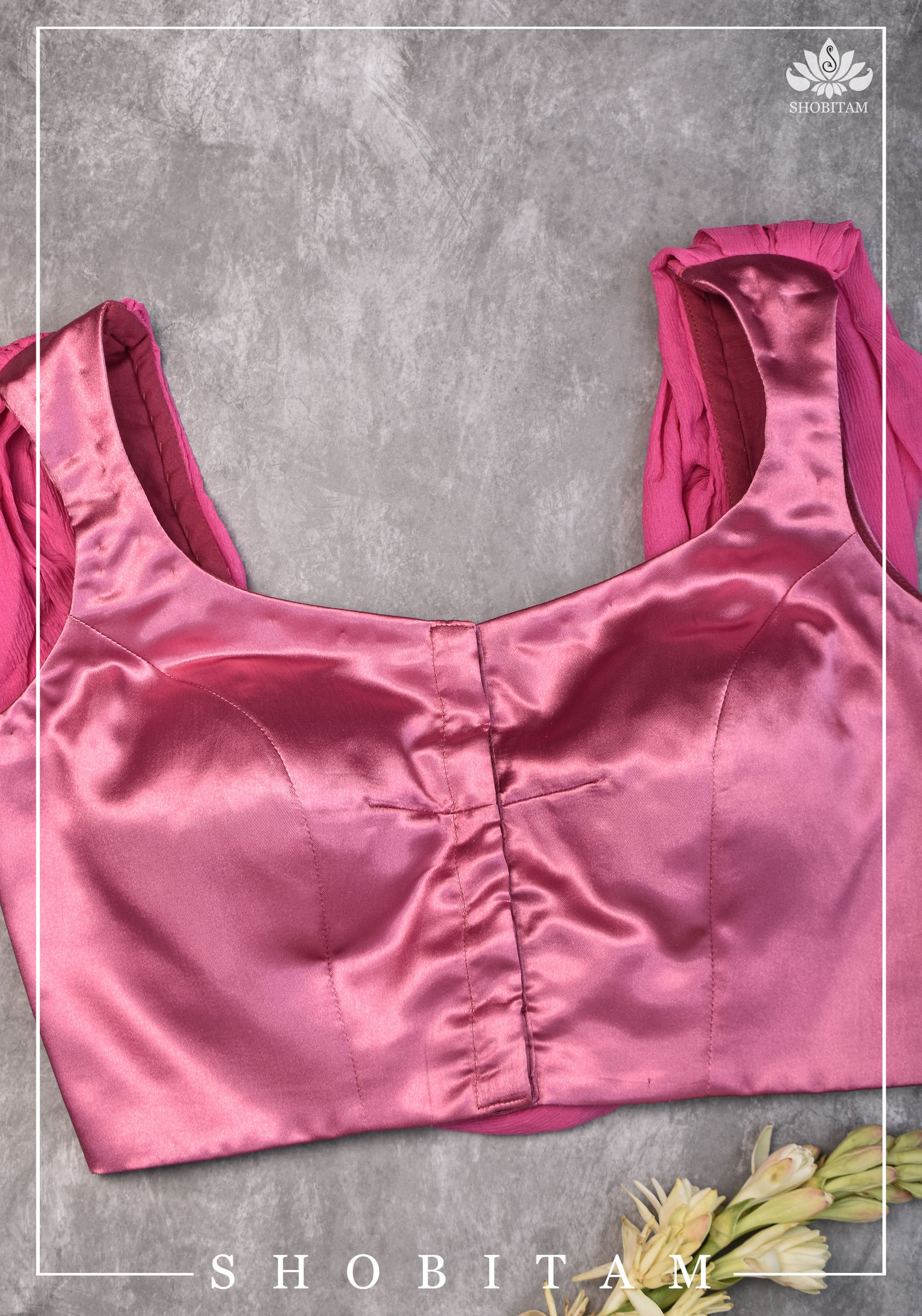 Bubblegum pink satin & chiffon Cowl neck in back blouse - Mix and Match saree blouse | Shobitam