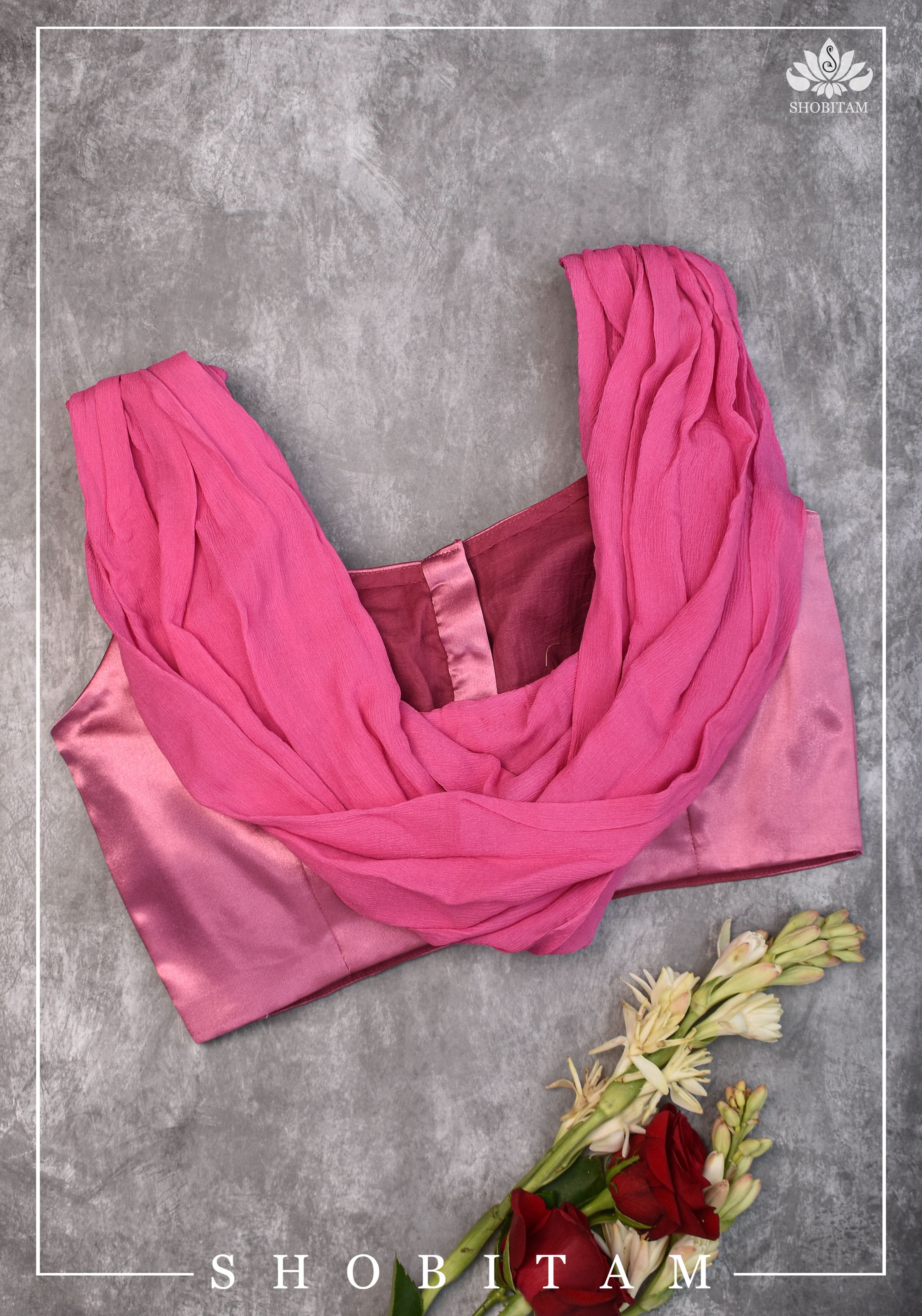 Bubblegum pink satin & chiffon Cowl neck in back blouse - Mix and Match saree blouse | Shobitam