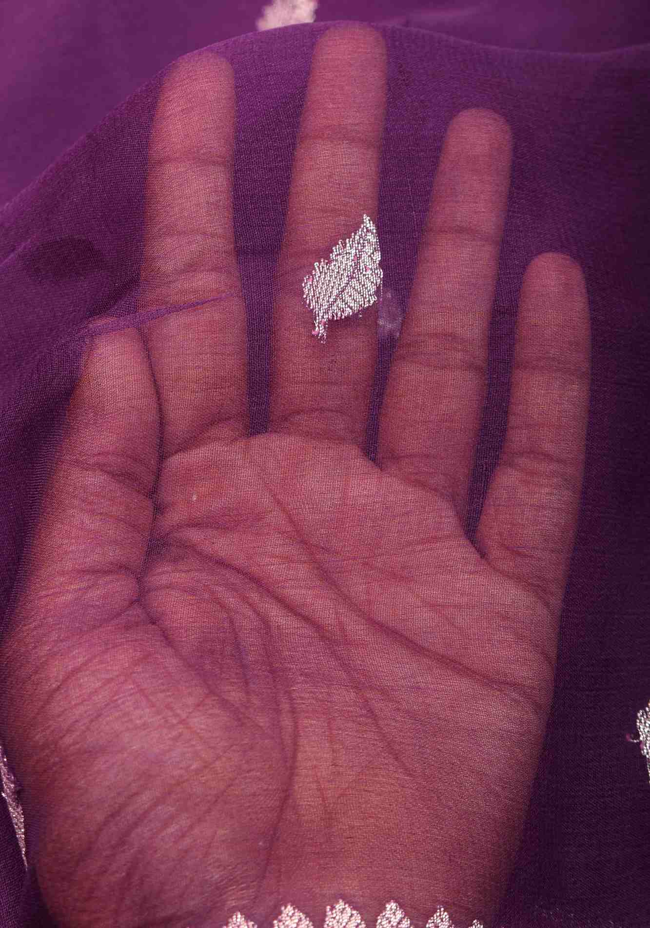 Pure Silk Chiffon Saree in Eggplant Purple with Silver Tone Zari Buttas & Zari Border | SILK MARK CERTIFIED Ready To Wear Saree