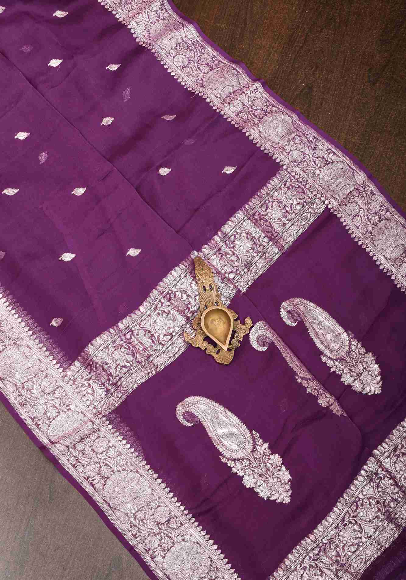 Pure Silk Chiffon Saree in Eggplant Purple with Silver Tone Zari Buttas & Zari Border | SILK MARK CERTIFIED Ready To Wear Saree