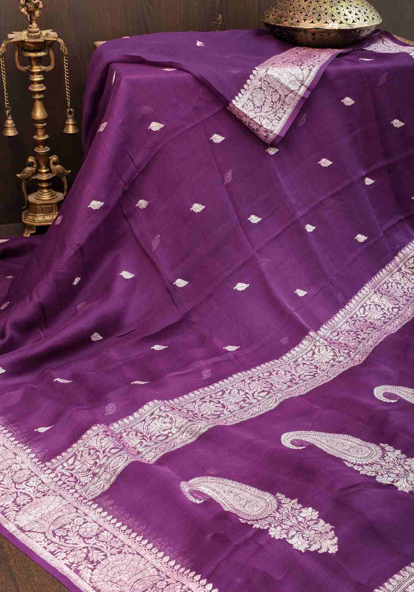 Pure Silk Chiffon Saree in Eggplant Purple with Silver Tone Zari Buttas & Zari Border | SILK MARK CERTIFIED Ready To Wear Saree