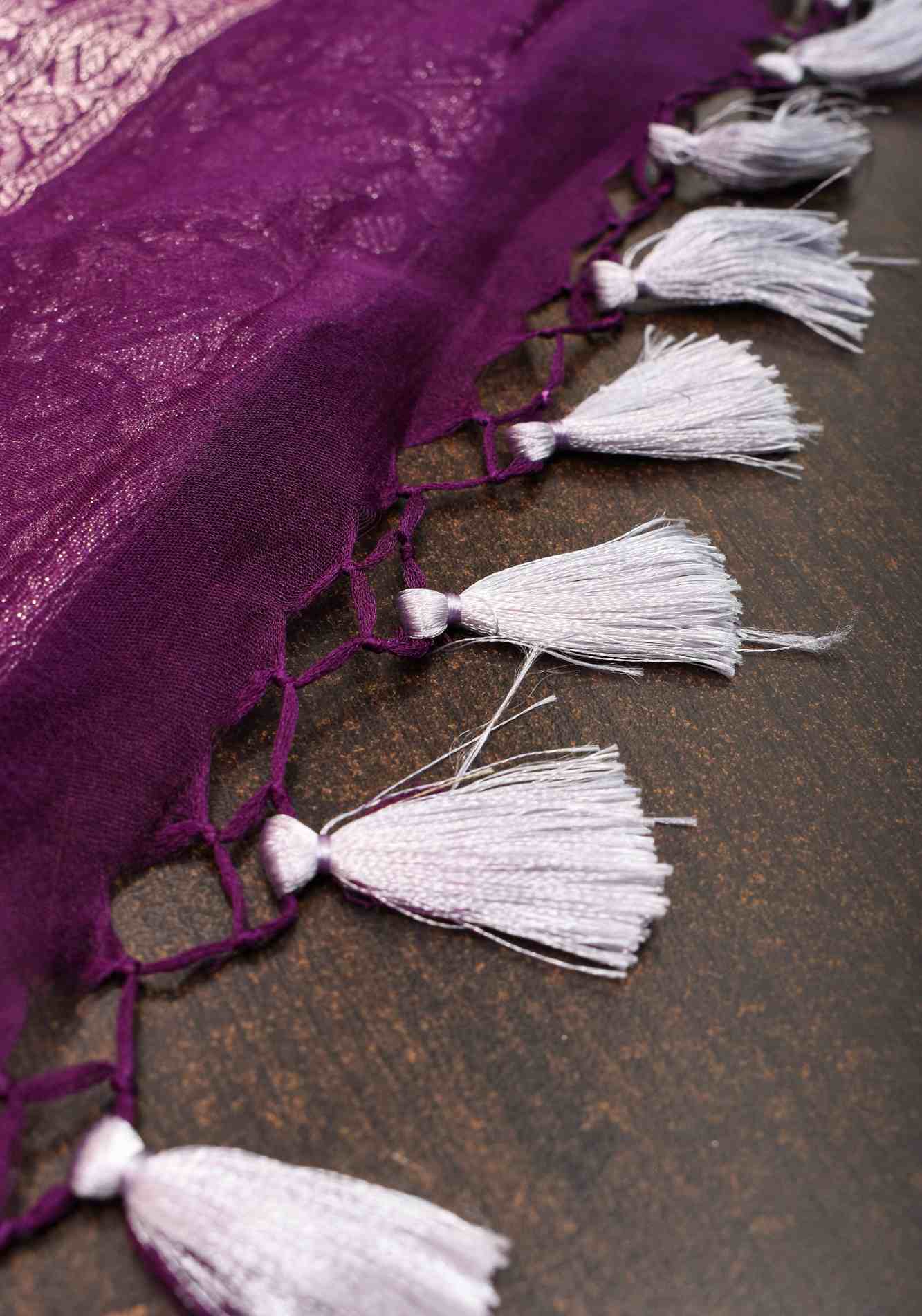 Pure Silk Chiffon Saree in Eggplant Purple with Silver Tone Zari Buttas & Zari Border | SILK MARK CERTIFIED Ready To Wear Saree