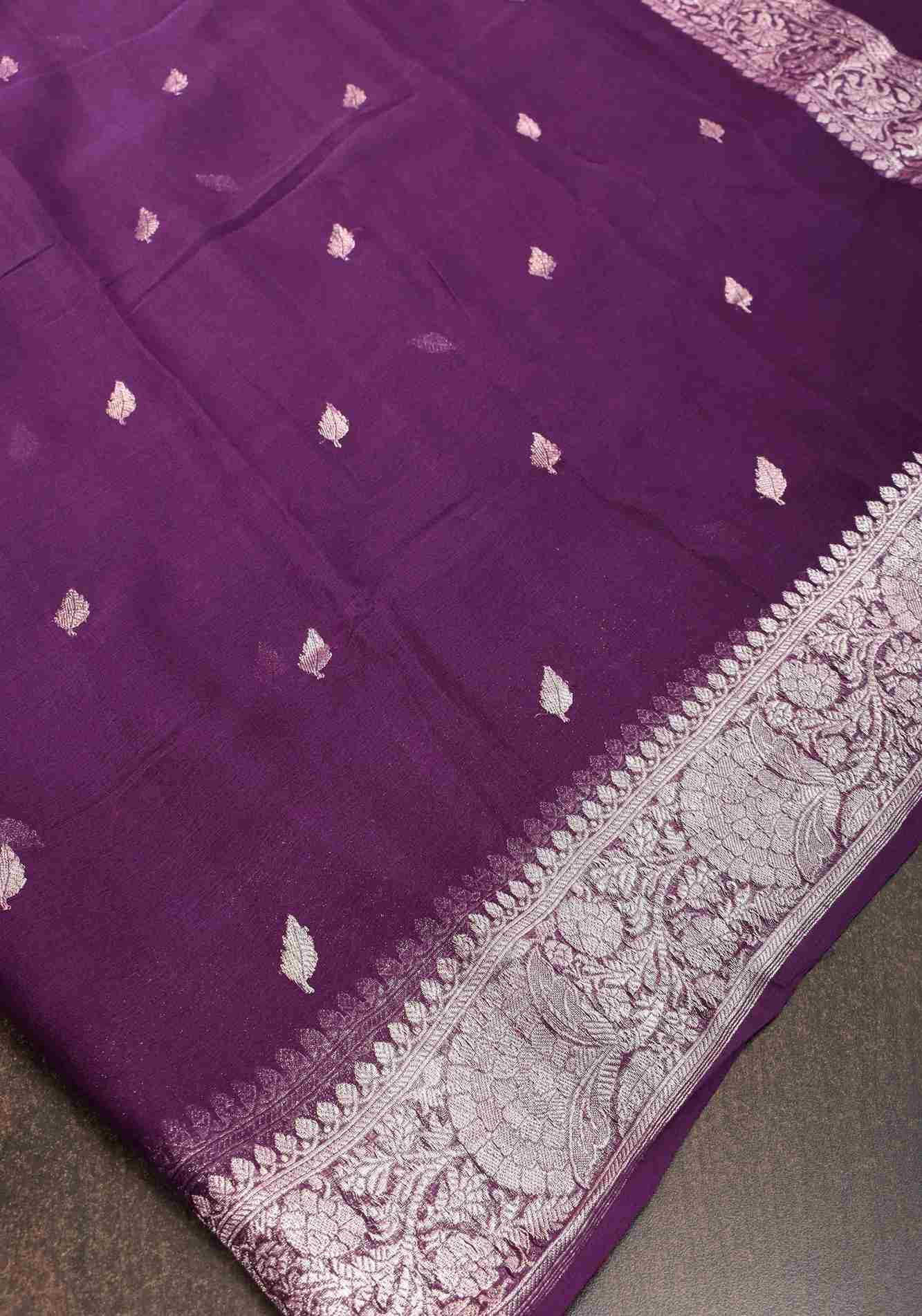 Pure Silk Chiffon Saree in Eggplant Purple with Silver Tone Zari Buttas & Zari Border | SILK MARK CERTIFIED Ready To Wear Saree