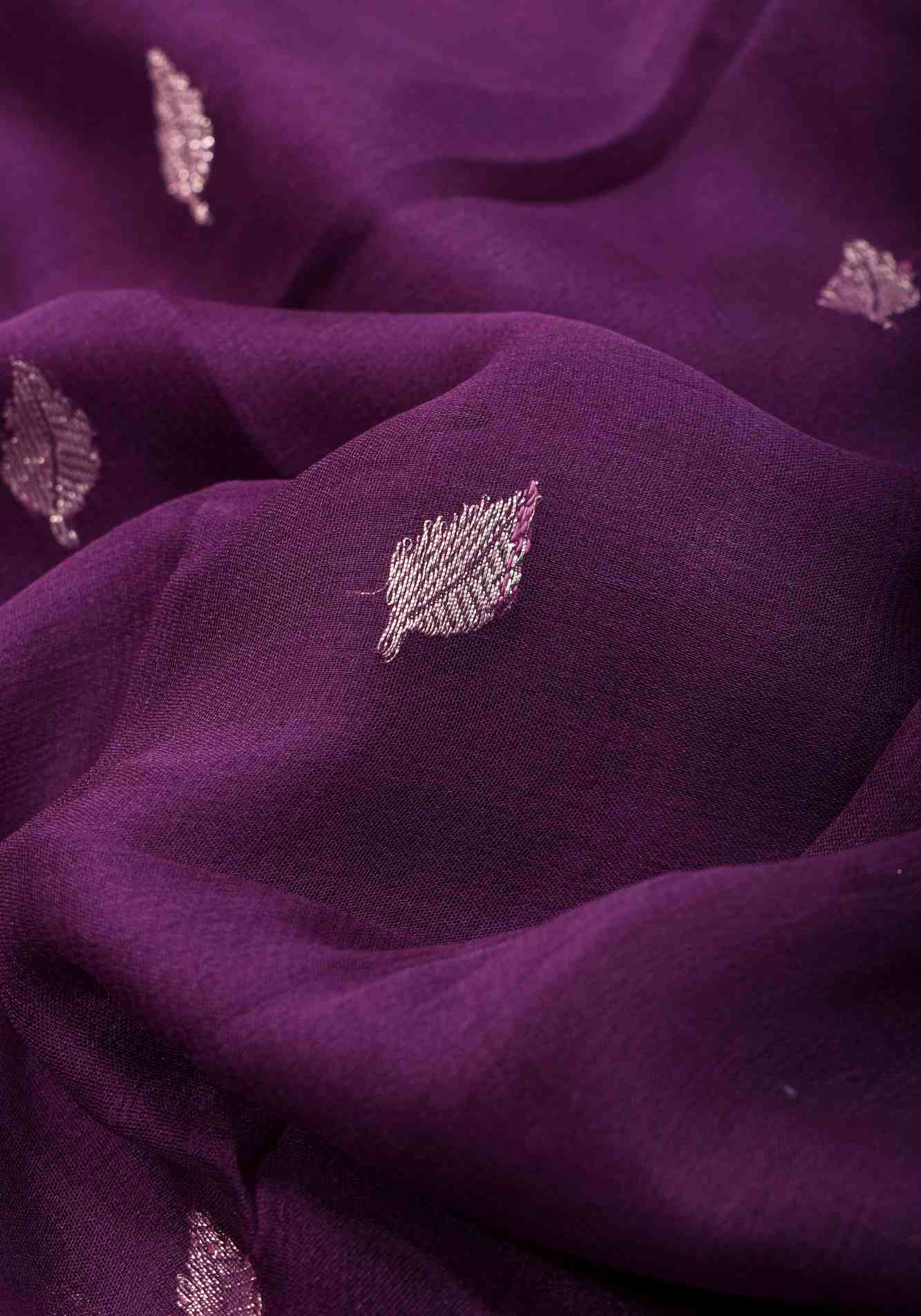 Pure Silk Chiffon Saree in Eggplant Purple with Silver Tone Zari Buttas & Zari Border | SILK MARK CERTIFIED Ready To Wear Saree