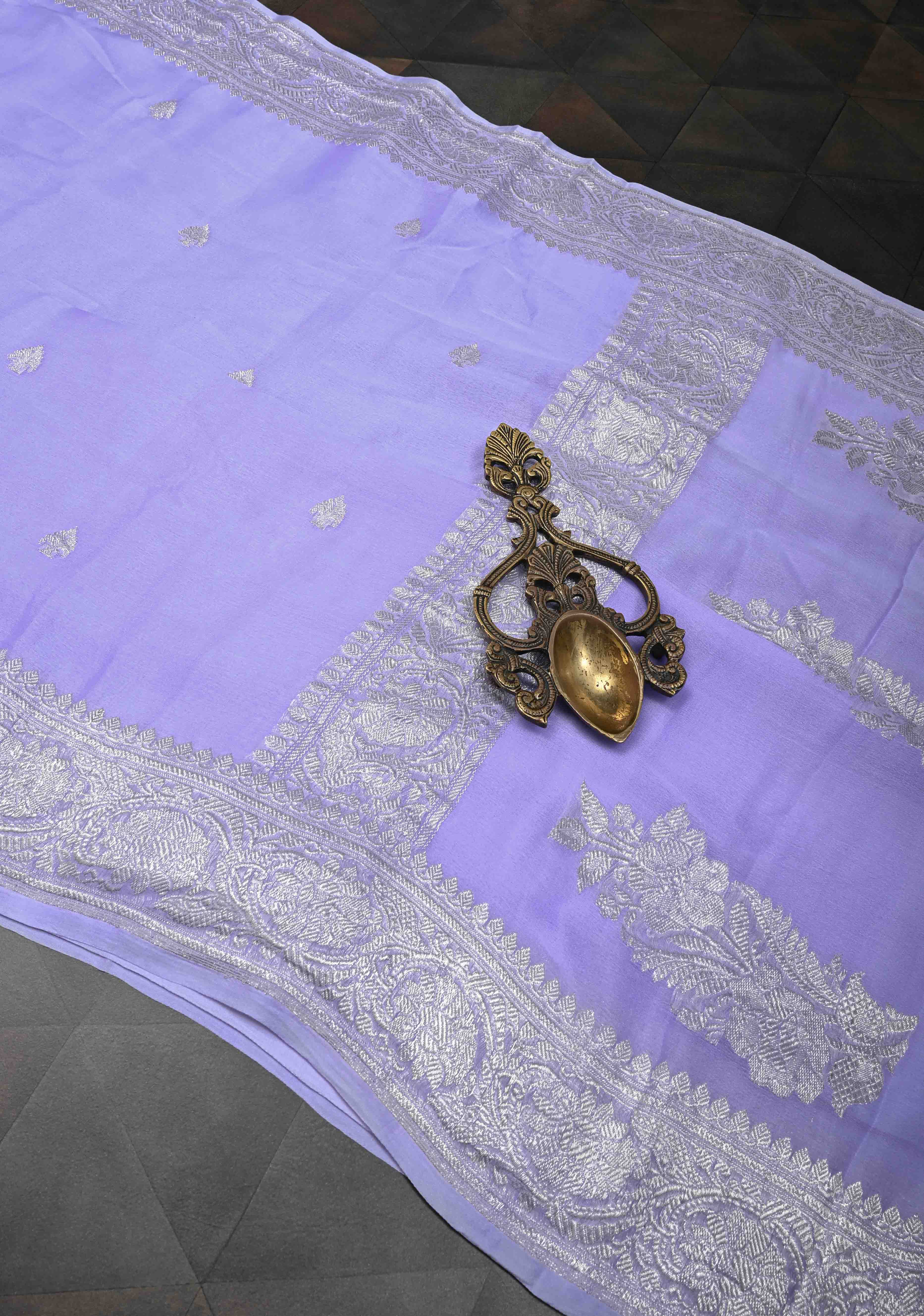 Periwinkle Pure Chiffon Silk Saree with Silver tone Zari Buttas and Border | SILK MARK CERTIFIED | SHOBITAM