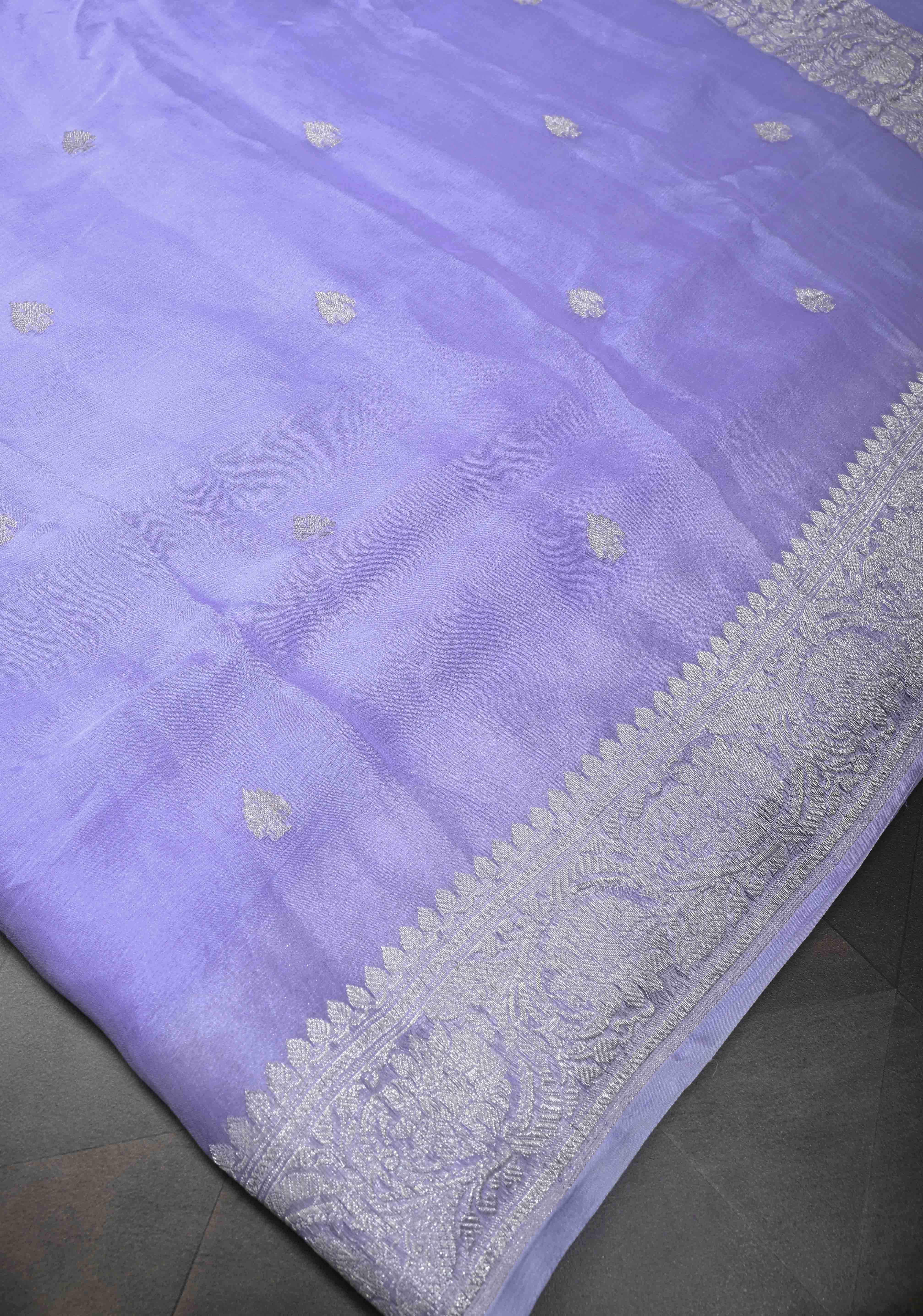 Periwinkle Pure Chiffon Silk Saree with Silver tone Zari Buttas and Border | SILK MARK CERTIFIED | SHOBITAM