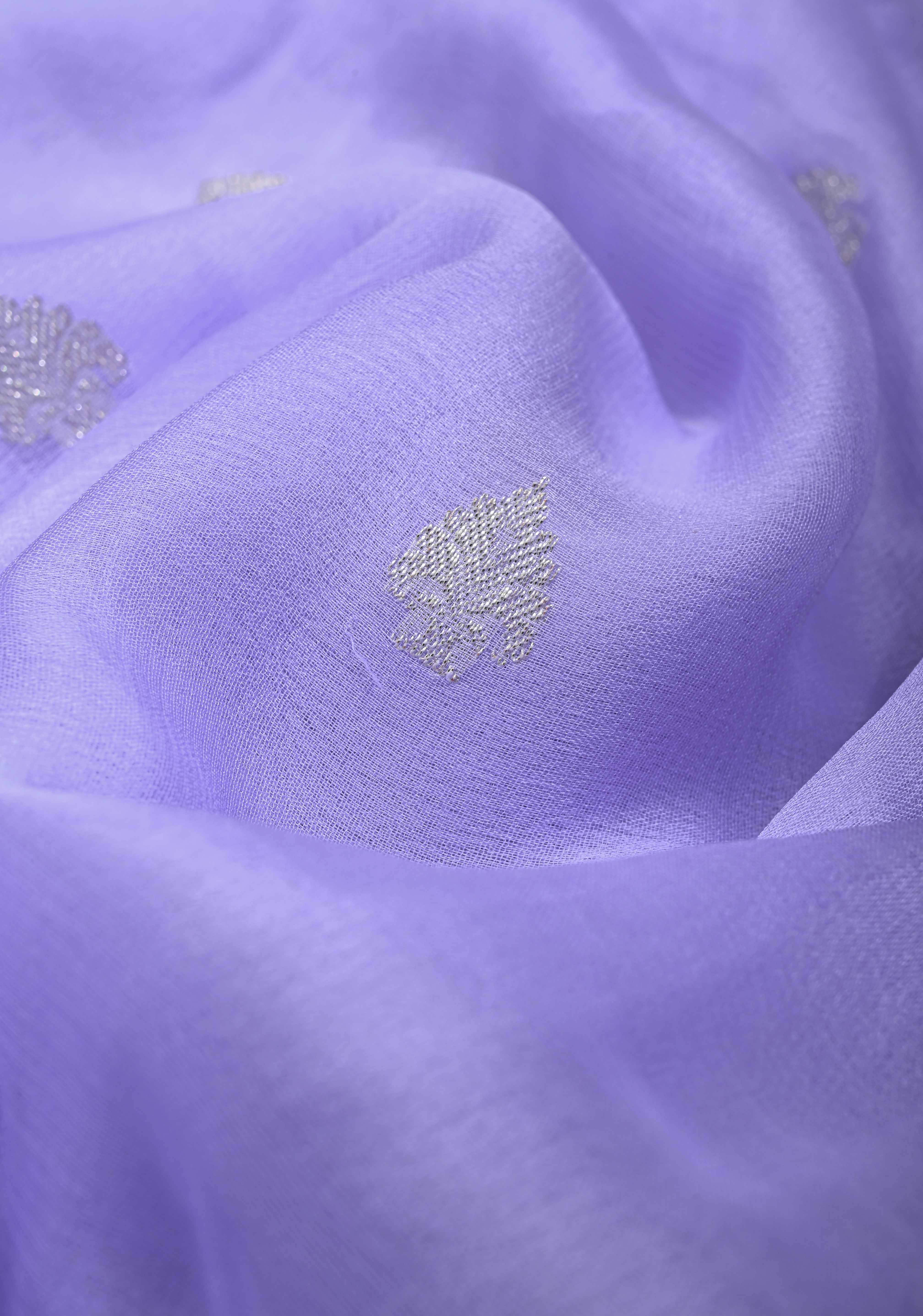 Periwinkle Pure Chiffon Silk Saree with Silver tone Zari Buttas and Border | SILK MARK CERTIFIED | SHOBITAM