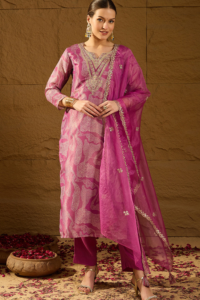 Purple Silk Blend Abstract Woven Design Straight Kurta Trousers With Dupatta | SHOBITAM