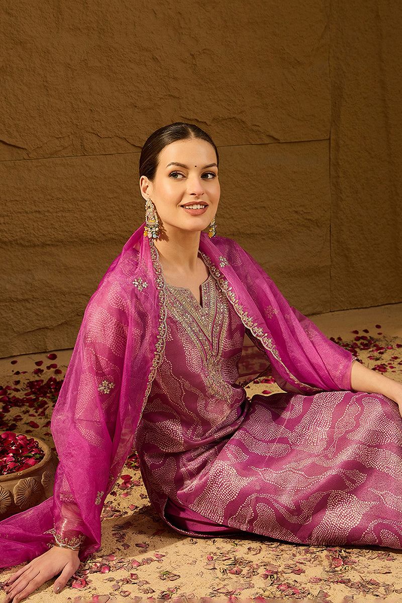 Purple Silk Blend Abstract Woven Design Straight Kurta Trousers With Dupatta | SHOBITAM