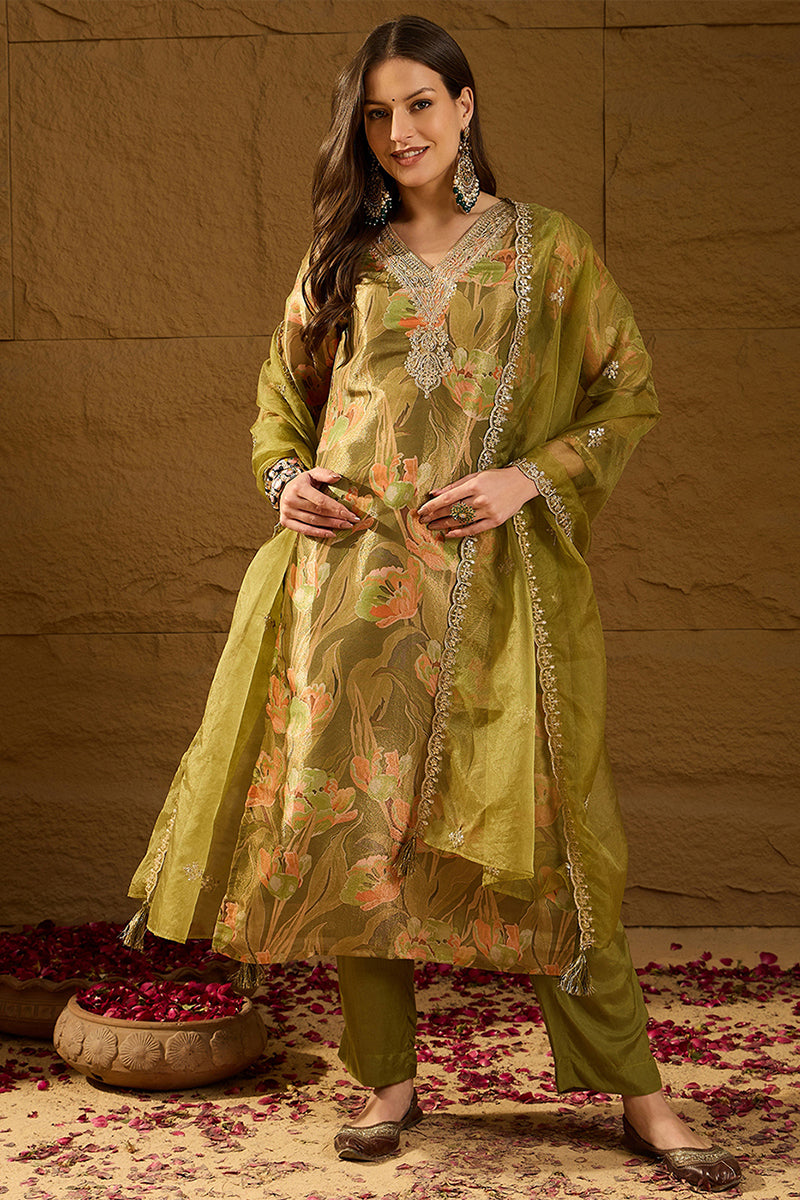 Green Silk Blend Floral Woven Design Straight Kurta Trousers With Dupatta | SHOBITAM