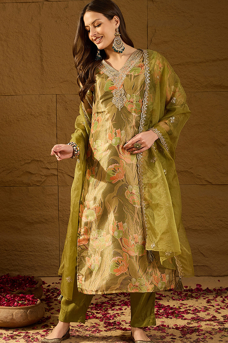 Green Silk Blend Floral Woven Design Straight Kurta Trousers With Dupatta | SHOBITAM