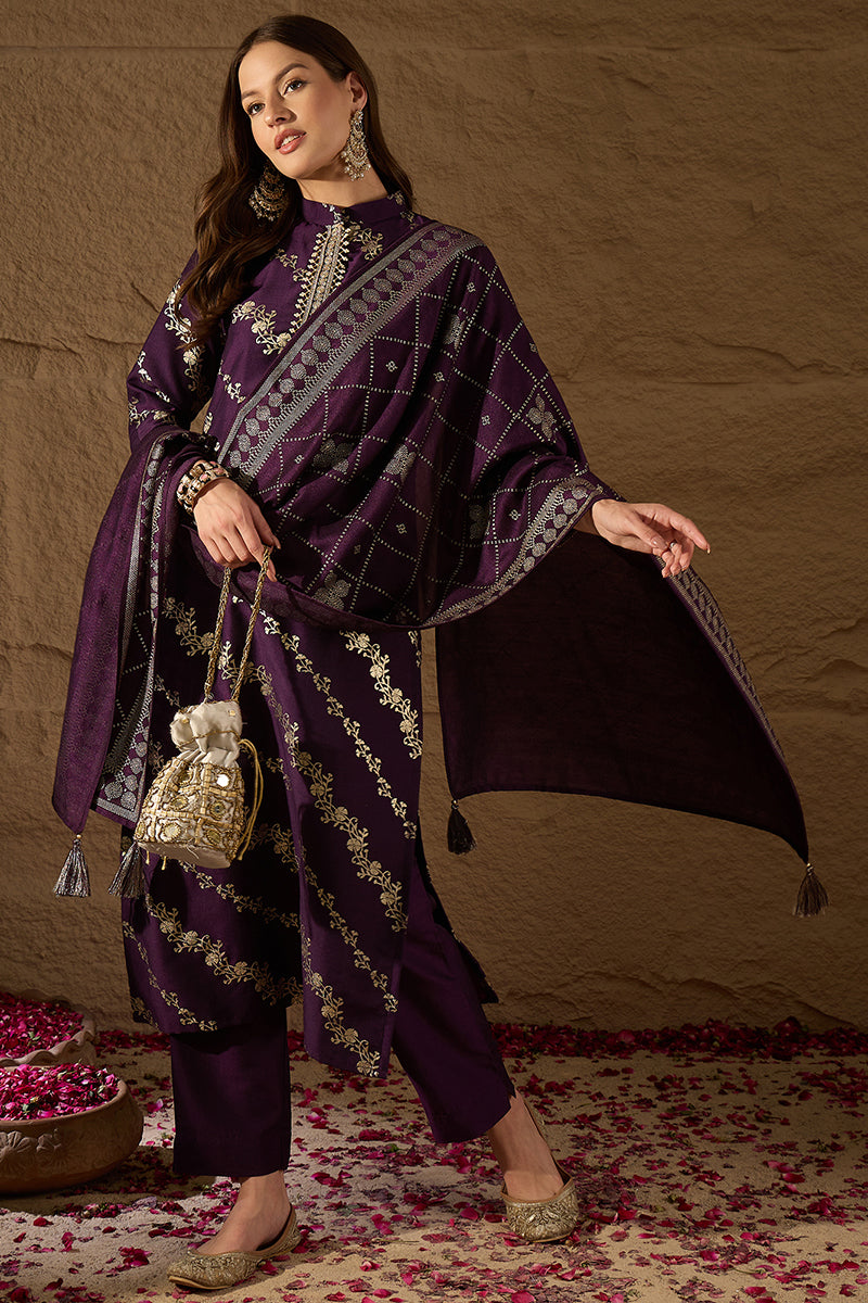 Purple Silk Blend Ethnic Motifs Printed Straight Kurta Sets | SHOBITAM