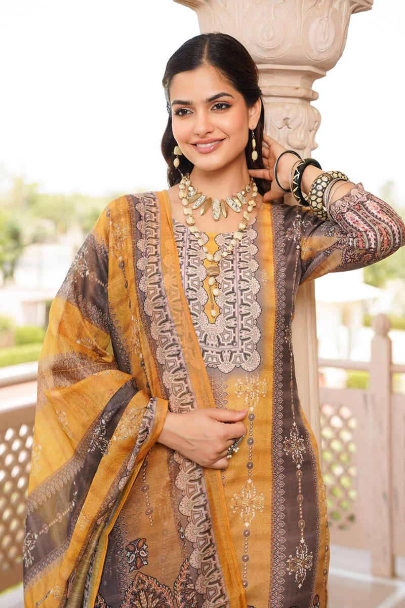 Yellow Rayon Blend Ethnic Motifs Printed Straight Kurta Trouser With Dupatta | SHOBITAM