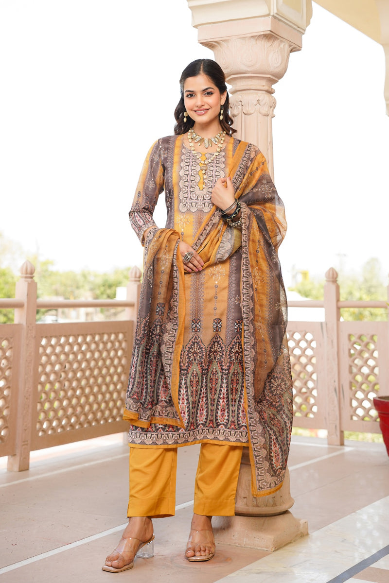 Yellow Rayon Blend Ethnic Motifs Printed Straight Kurta Trouser With Dupatta | SHOBITAM