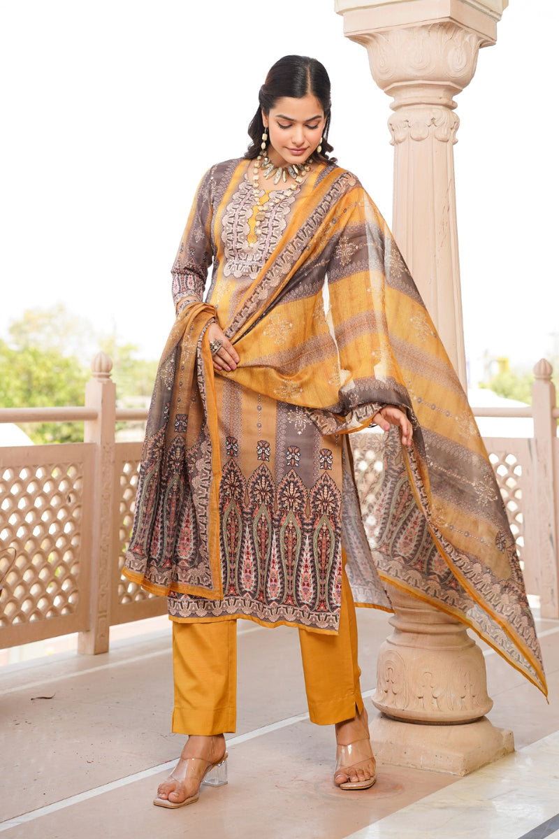 Yellow Rayon Blend Ethnic Motifs Printed Straight Kurta Trouser With Dupatta | SHOBITAM