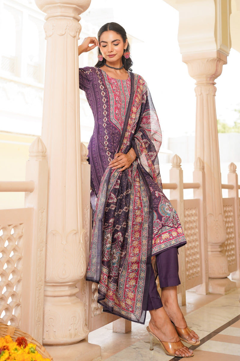Purple Rayon Blend Ethnic Motifs Printed Straight Kurta Trouser With Dupatta | SHOBITAM