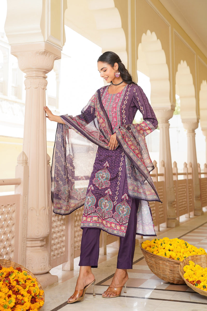 Purple Rayon Blend Ethnic Motifs Printed Straight Kurta Trouser With Dupatta | SHOBITAM