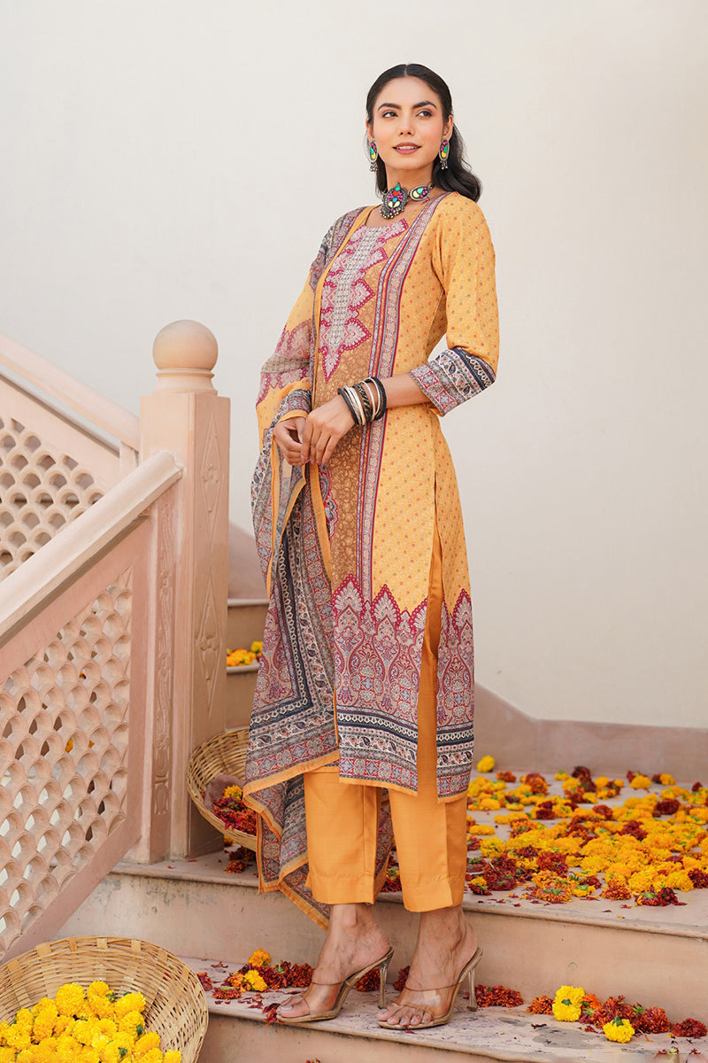 Yellow Rayon Blend Ethnic Motifs Printed Straight Kurta Trouser With Dupatta | SHOBITAM