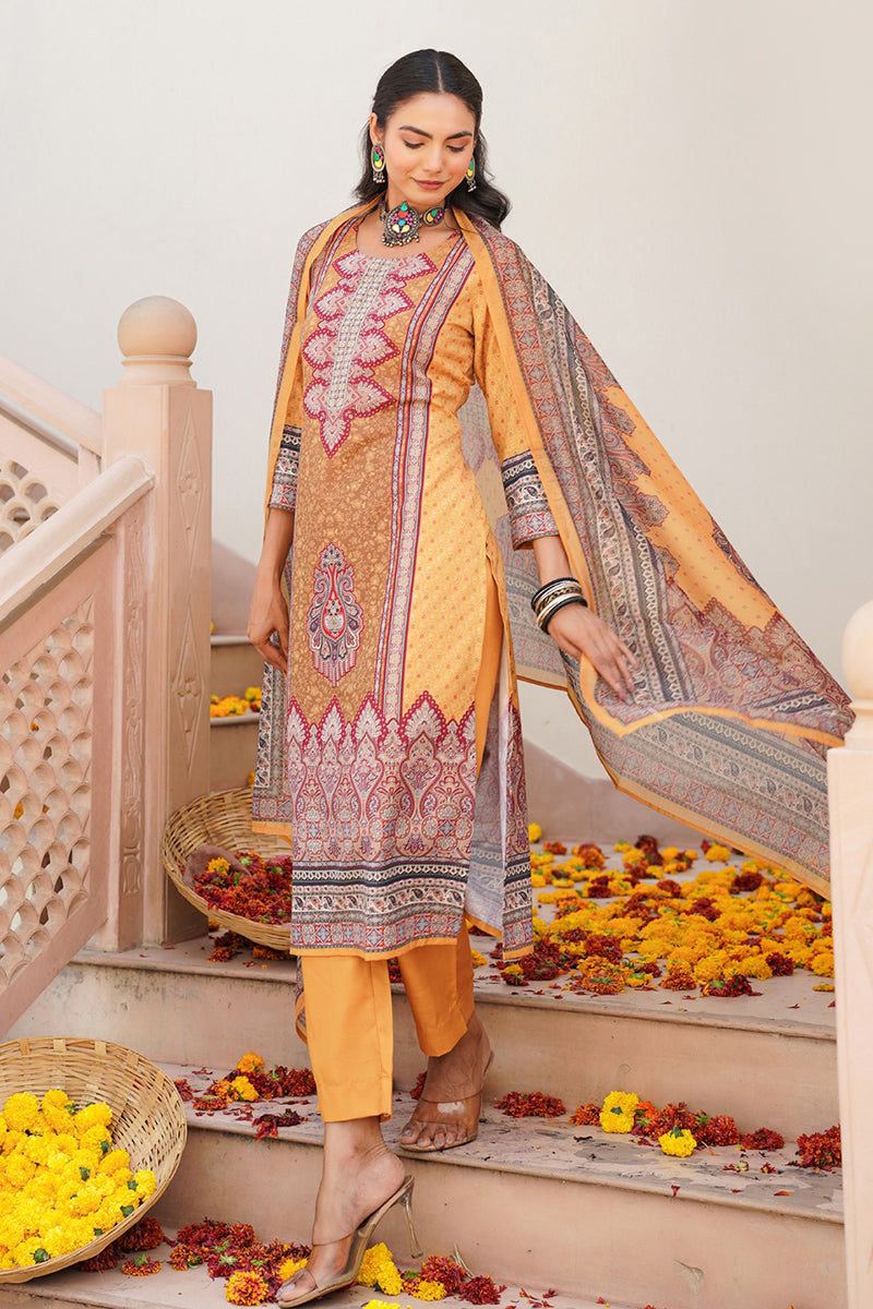 Yellow Rayon Blend Ethnic Motifs Printed Straight Kurta Trouser With Dupatta | SHOBITAM