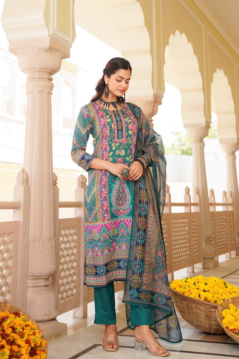 Teal Rayon Blend Ethnic Motifs Printed Straight Kurta Trouser With Dupatta | SHOBITAM