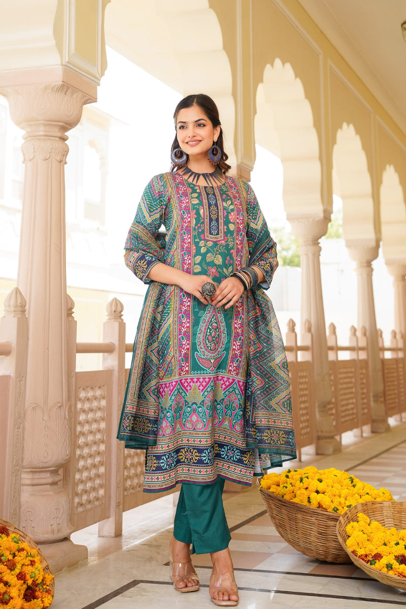 Teal Rayon Blend Ethnic Motifs Printed Straight Kurta Trouser With Dupatta | SHOBITAM