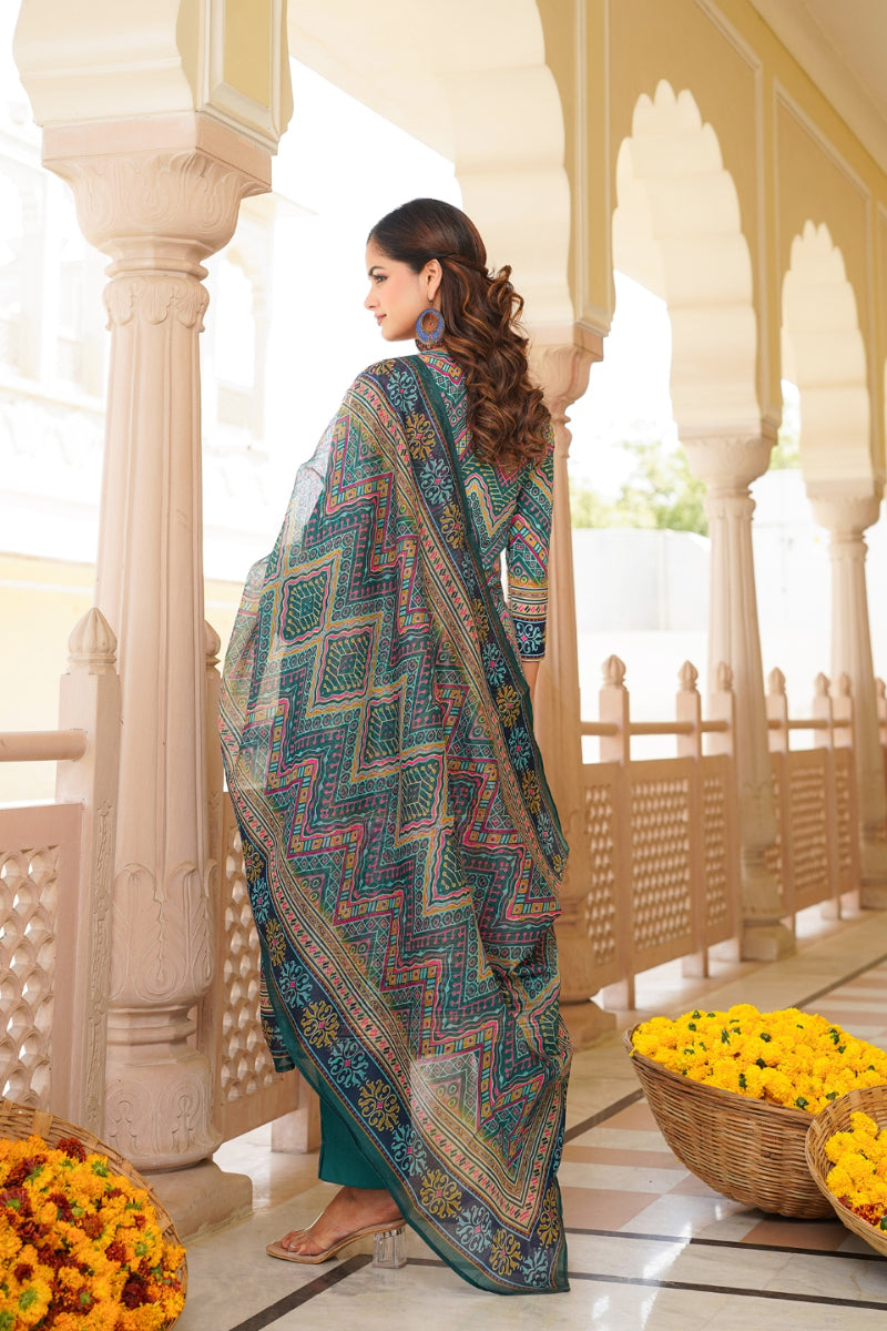 Teal Rayon Blend Ethnic Motifs Printed Straight Kurta Trouser With Dupatta | SHOBITAM