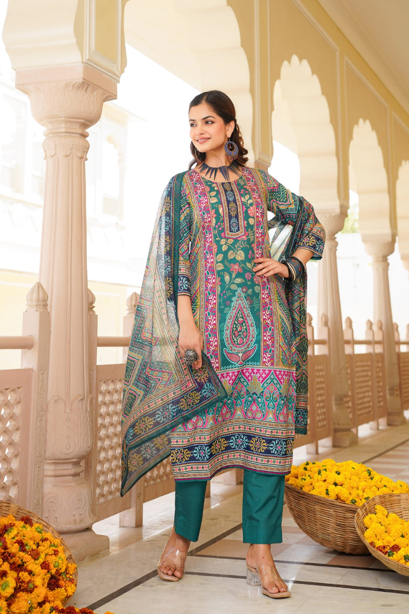 Teal Rayon Blend Ethnic Motifs Printed Straight Kurta Trouser With Dupatta | SHOBITAM
