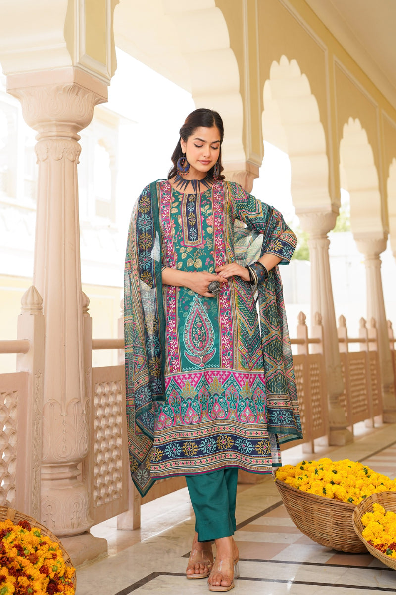 Teal Rayon Blend Ethnic Motifs Printed Straight Kurta Trouser With Dupatta | SHOBITAM