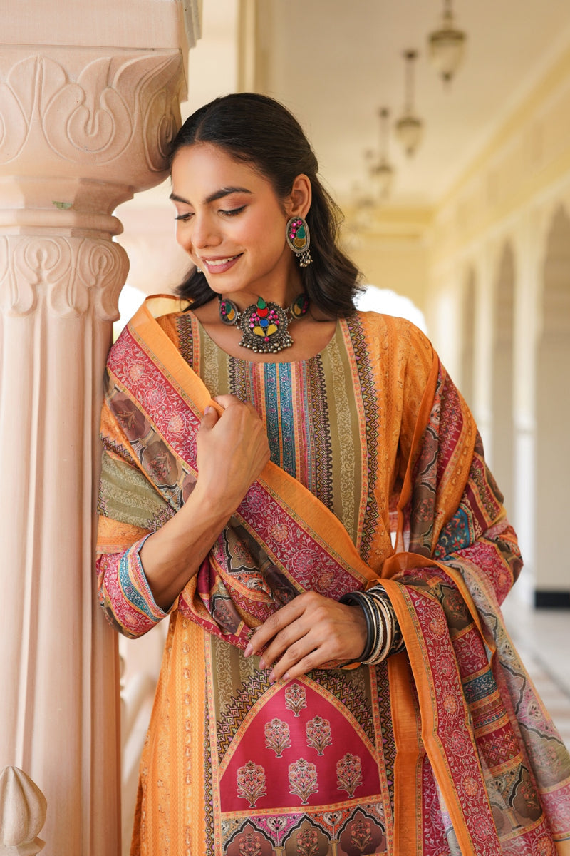 Yellow Rayon Blend Ethnic Motifs Printed Straight Kurta Trouser With Dupatta | SHOBITAM