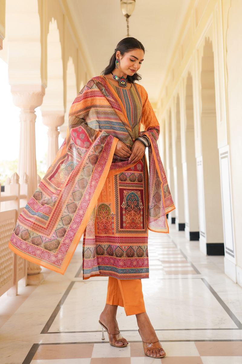 Yellow Rayon Blend Ethnic Motifs Printed Straight Kurta Trouser With Dupatta | SHOBITAM