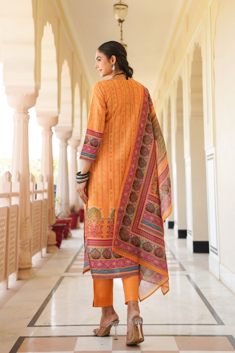 Yellow Rayon Blend Ethnic Motifs Printed Straight Kurta Trouser With Dupatta | SHOBITAM