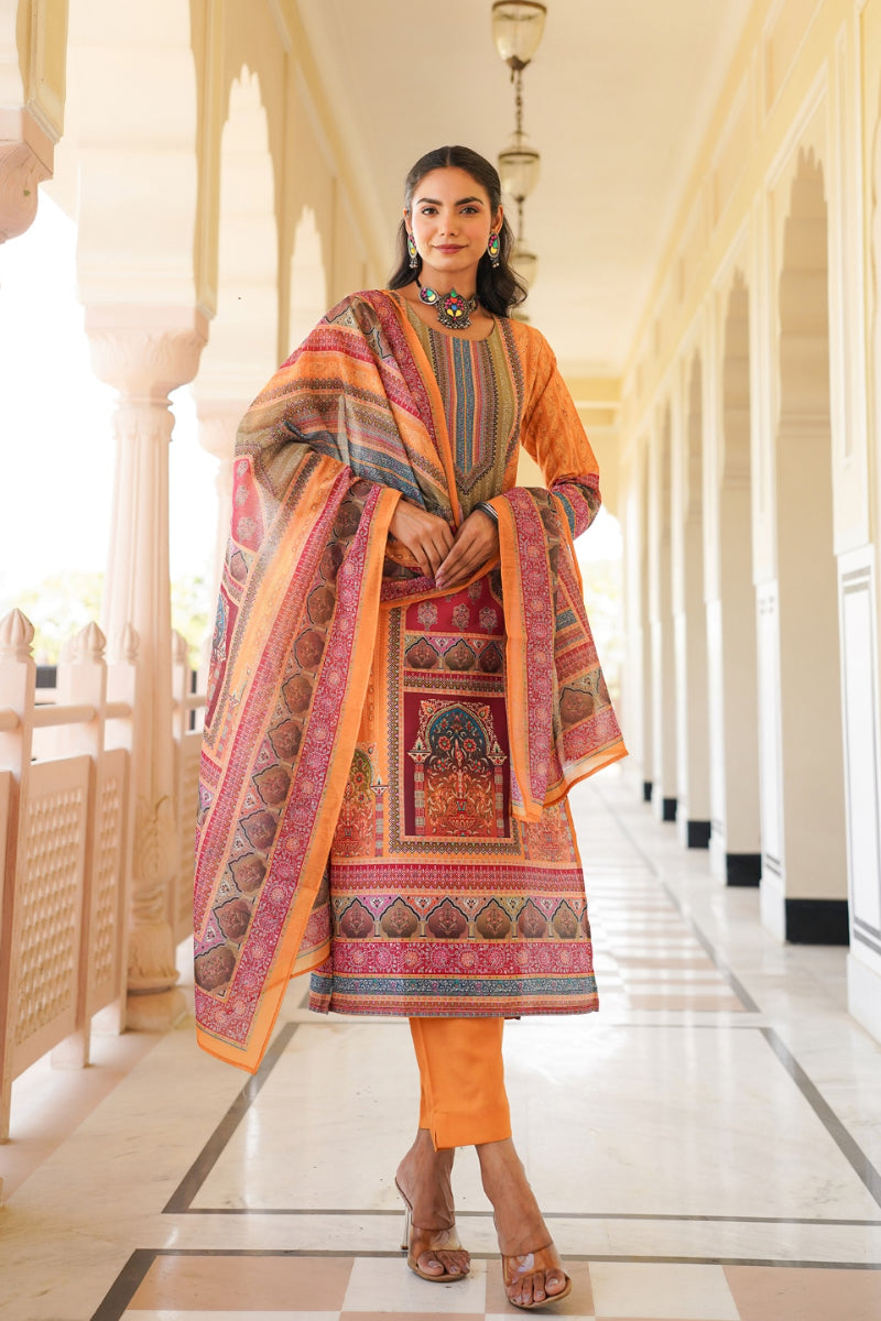 Yellow Rayon Blend Ethnic Motifs Printed Straight Kurta Trouser With Dupatta | SHOBITAM