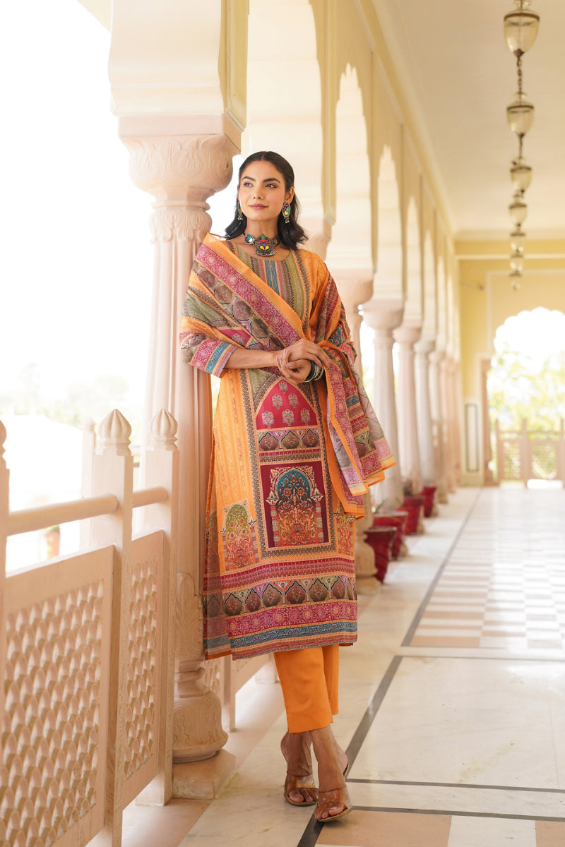 Yellow Rayon Blend Ethnic Motifs Printed Straight Kurta Trouser With Dupatta | SHOBITAM