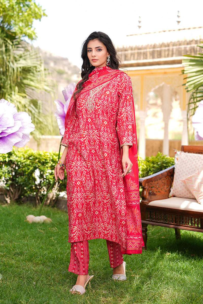 Red Silk Blend Ikat Printed Straight Kurta Trousers With Dupatta | SHOBITAM