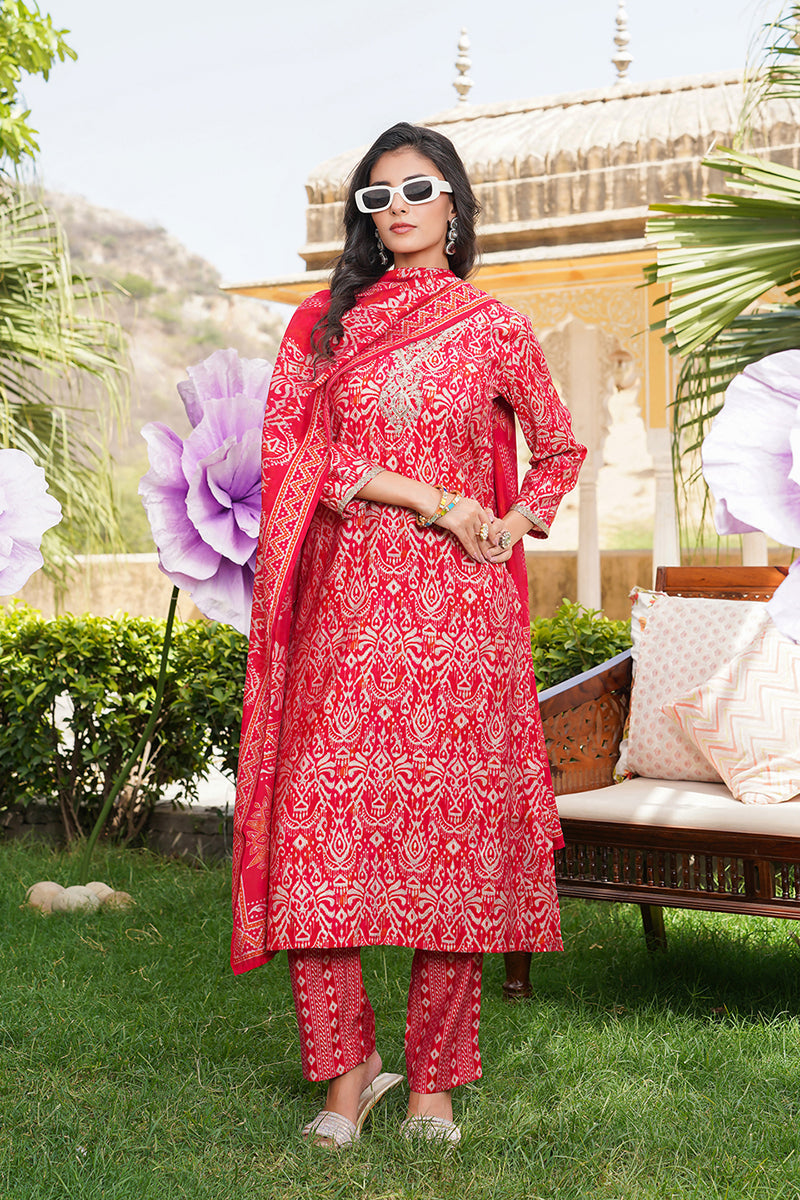 Red Silk Blend Ikat Printed Straight Kurta Trousers With Dupatta | SHOBITAM