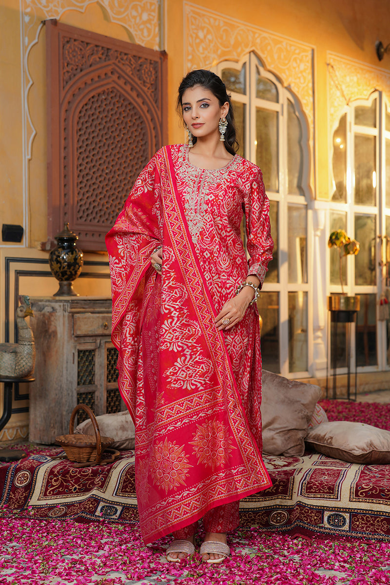 Red Silk Blend Ikat Embroidered Straight Kurta Trousers With Dupatta