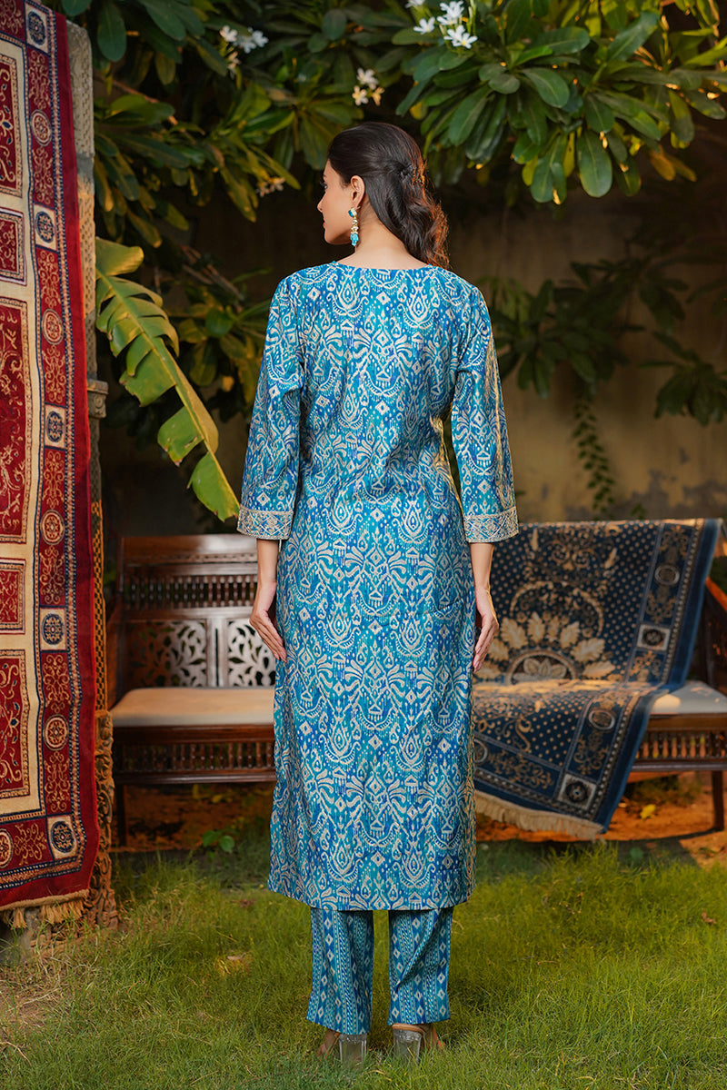 Blue Silk Blend Ikat Printed Straight Kurta Trousers With Dupatta | SHOBITAM