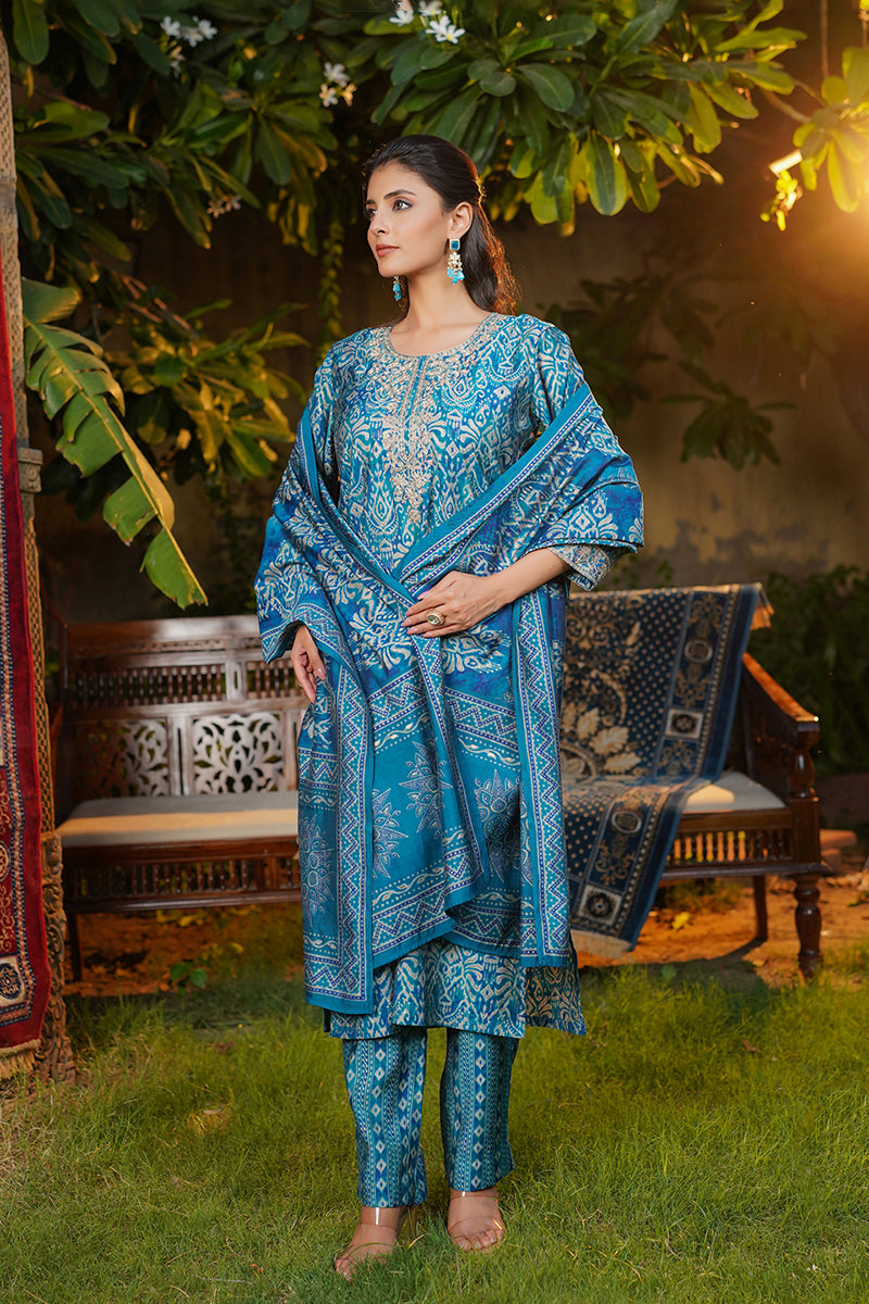 Blue Silk Blend Ikat Printed Straight Kurta Trousers With Dupatta | SHOBITAM