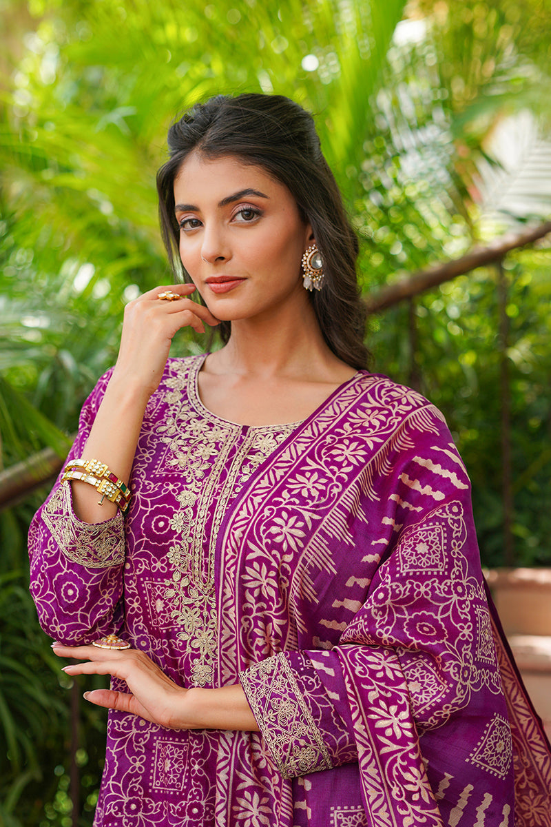 Purple Silk Blend Floral Embroidered Straight Kurta Trousers With Dupatta | SHOBITAM