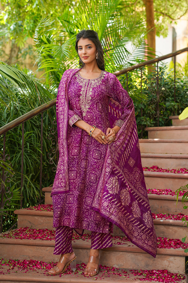 Purple Silk Blend Floral Embroidered Straight Kurta Trousers With Dupatta | SHOBITAM
