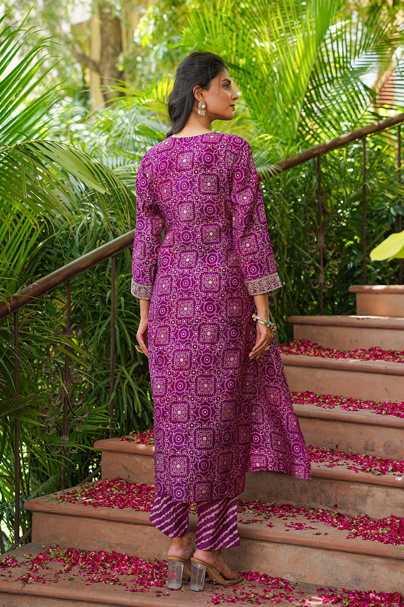 Purple Silk Blend Floral Embroidered Straight Kurta Trousers With Dupatta | SHOBITAM