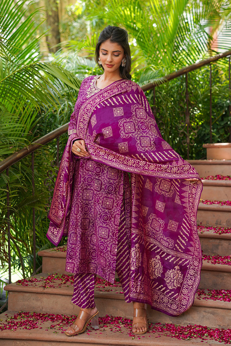 Purple Silk Blend Floral Embroidered Straight Kurta Trousers With Dupatta | SHOBITAM