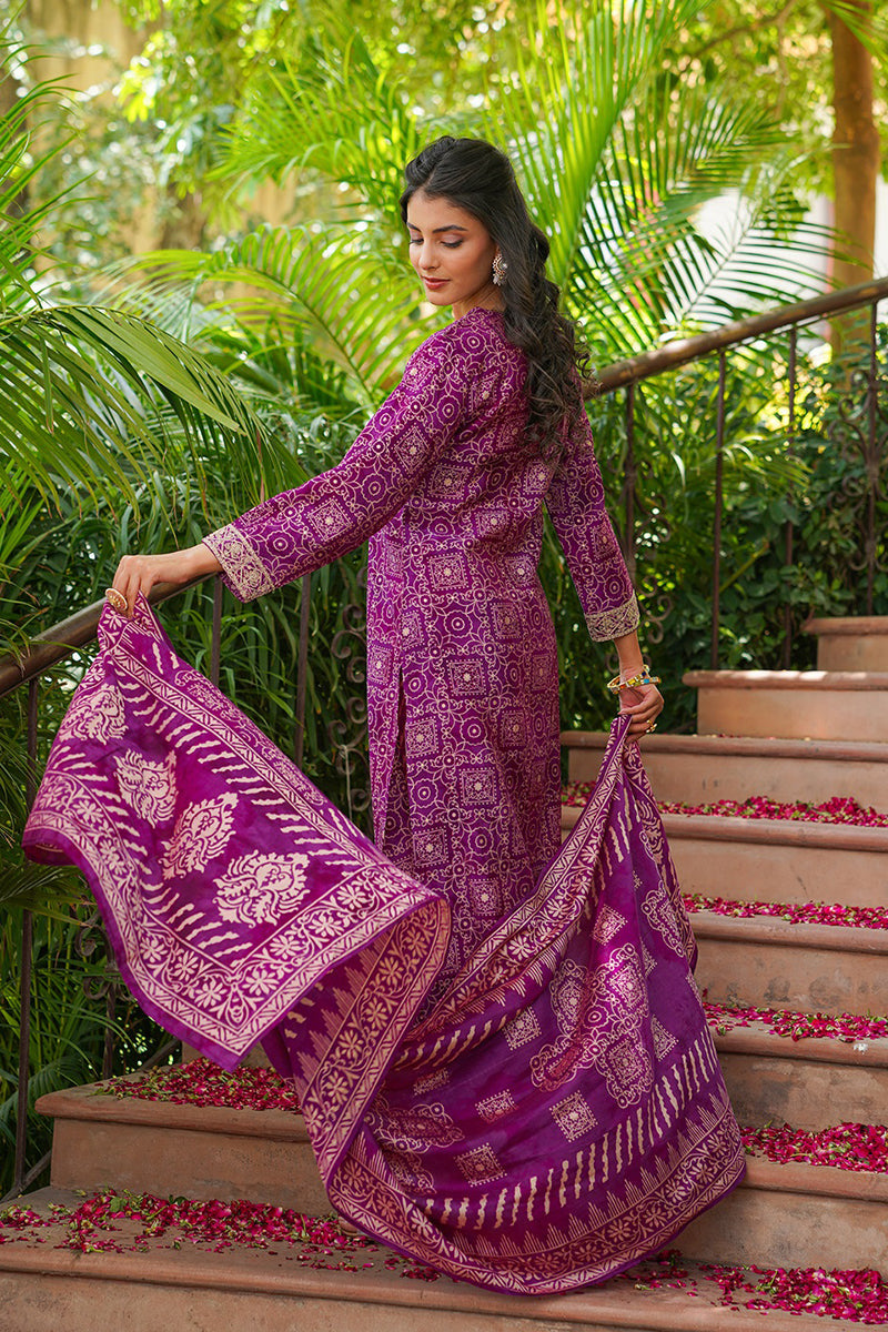 Purple Silk Blend Floral Embroidered Straight Kurta Trousers With Dupatta | SHOBITAM