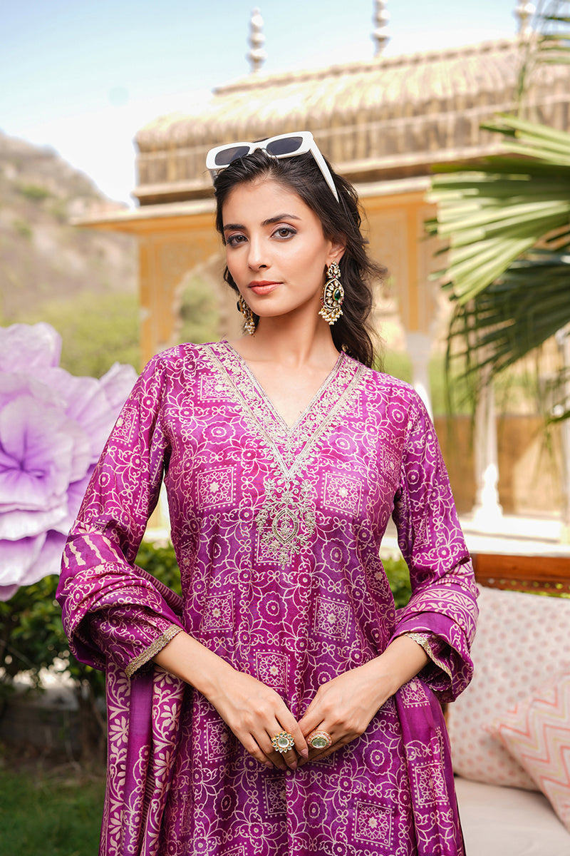 Purple Silk Blend Floral Embroidered Straight Kurta Trousers With Dupatta | SHOBITAM