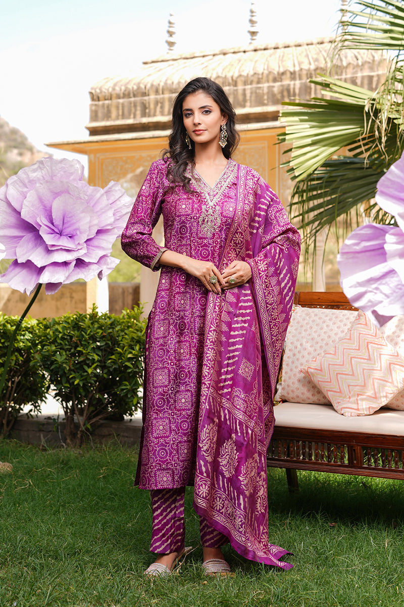 Purple Silk Blend Floral Embroidered Straight Kurta Trousers With Dupatta | SHOBITAM