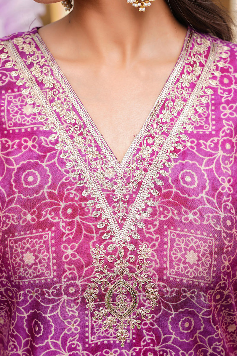 Purple Silk Blend Floral Embroidered Straight Kurta Trousers With Dupatta | SHOBITAM