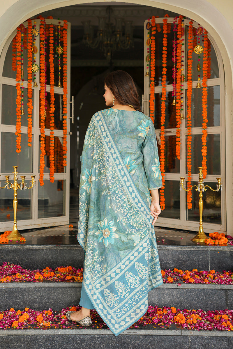 Blue Viscose Rayon Floral Printed Straight Kurta Trousers With Dupatta | SHOBITAM