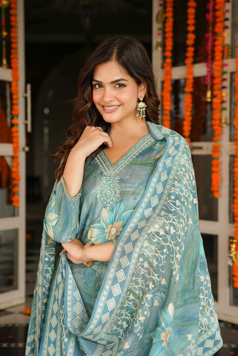 Blue Viscose Rayon Floral Printed Straight Kurta Trousers With Dupatta | SHOBITAM