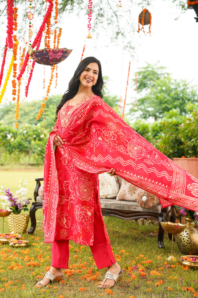 Red Poly Chanderi Floral Printed Straight Kurta Trousers With Dupatta | SHOBITAM