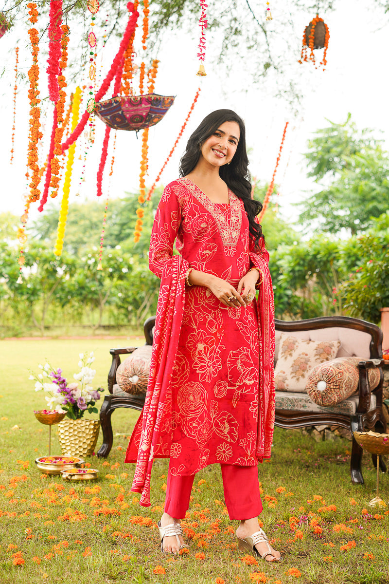 Red Poly Chanderi Floral Printed Straight Kurta Trousers With Dupatta | SHOBITAM